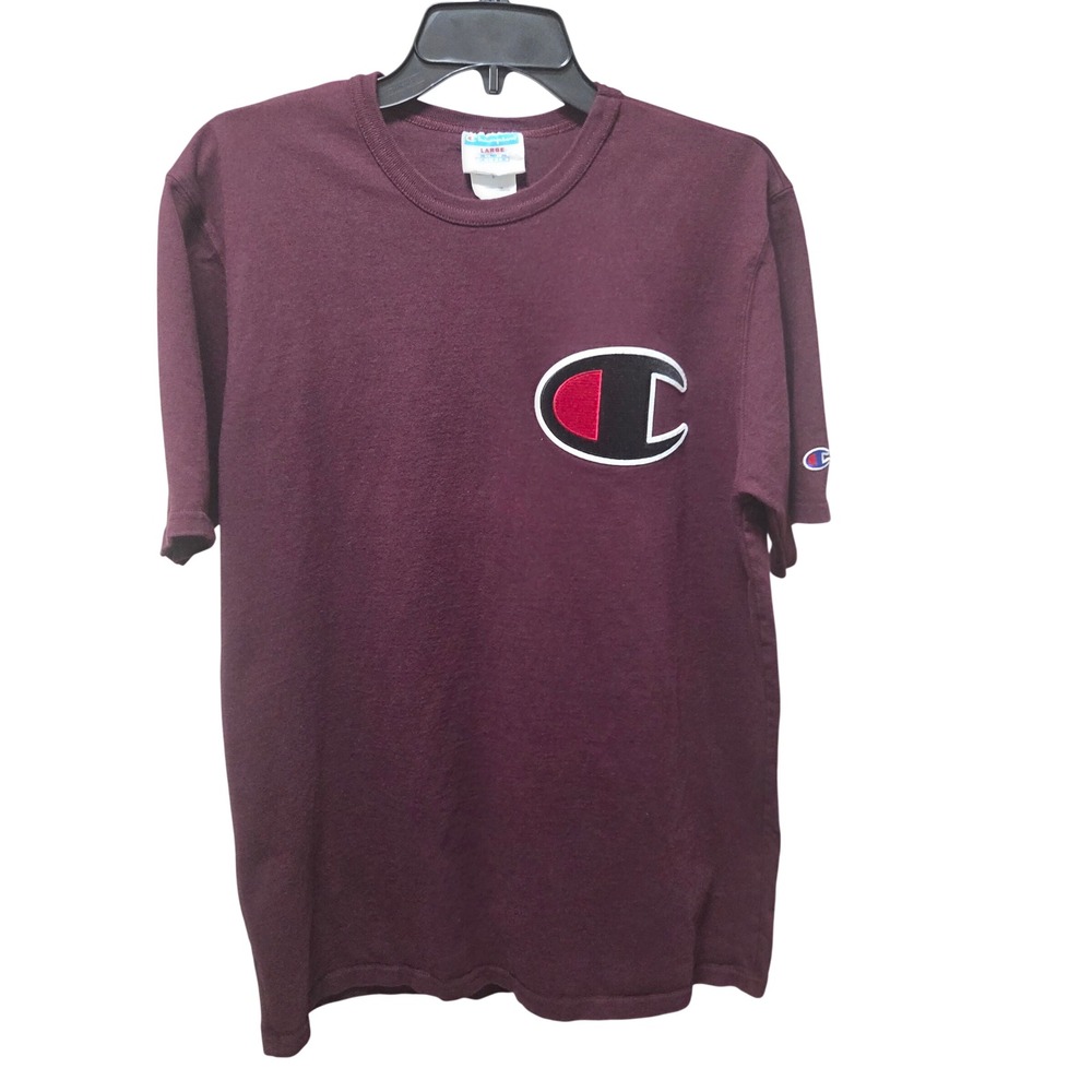 Vintage Champion Mens Big C Logo Patch T-Shirt Burgundy Cotton Crew Neck Large - Picture 2 of 8